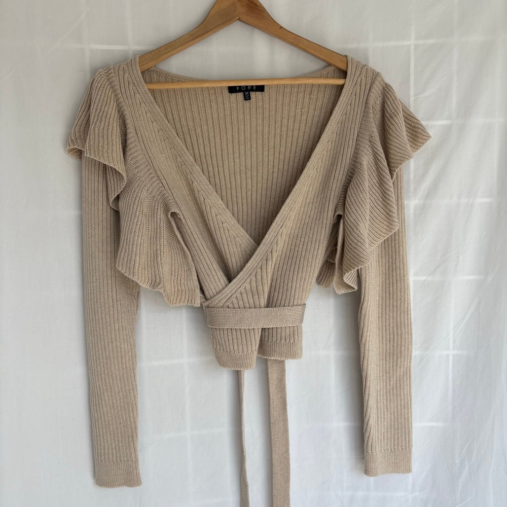 FORE Wrap long sleeve ruffle ribbed knit Sweater Tan Size M
